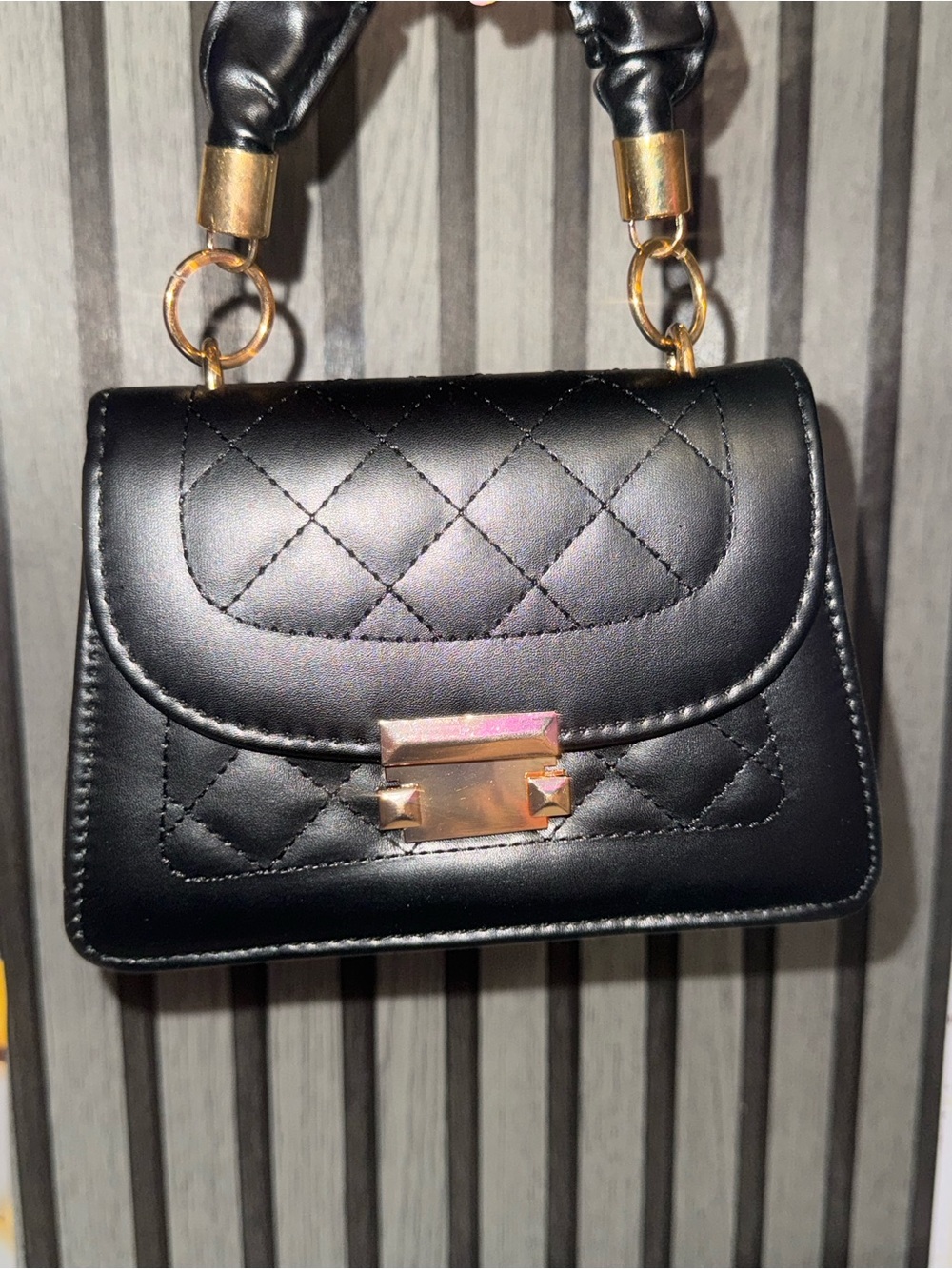 Black Quilted Leatherette Crossbody Bag with Gold Hardware